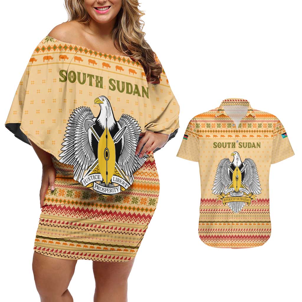 South Sudan Christmas Couples Matching Off Shoulder Short Dress and Hawaiian Shirt with Beige Tribal Pattern, National Emblem, and Green Star Motif - Wonder Print Shop