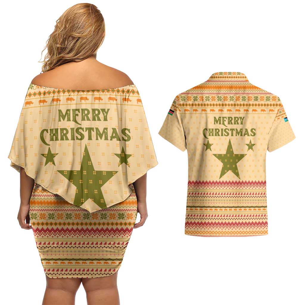 South Sudan Christmas Couples Matching Off Shoulder Short Dress and Hawaiian Shirt with Beige Tribal Pattern, National Emblem, and Green Star Motif - Wonder Print Shop