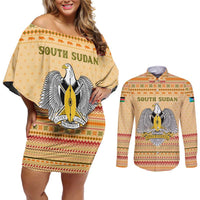South Sudan Christmas Couples Matching Off Shoulder Short Dress and Long Sleeve Button Shirt with Beige Tribal Pattern, National Emblem, and Green Star Motif - Wonder Print Shop