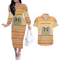 South Sudan Christmas Couples Matching Off The Shoulder Long Sleeve Dress and Hawaiian Shirt with Beige Tribal Pattern, National Emblem, and Green Star Motif - Wonder Print Shop