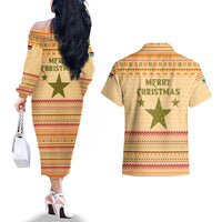 South Sudan Christmas Couples Matching Off The Shoulder Long Sleeve Dress and Hawaiian Shirt with Beige Tribal Pattern, National Emblem, and Green Star Motif - Wonder Print Shop