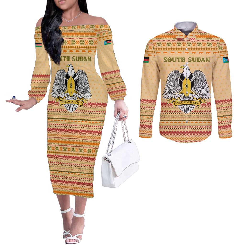 South Sudan Christmas Couples Matching Off The Shoulder Long Sleeve Dress and Long Sleeve Button Shirt with Beige Tribal Pattern, National Emblem, and Green Star Motif - Wonder Print Shop