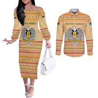 South Sudan Christmas Couples Matching Off The Shoulder Long Sleeve Dress and Long Sleeve Button Shirt with Beige Tribal Pattern, National Emblem, and Green Star Motif - Wonder Print Shop
