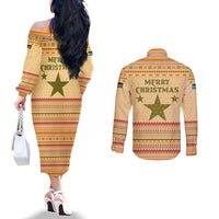 South Sudan Christmas Couples Matching Off The Shoulder Long Sleeve Dress and Long Sleeve Button Shirt with Beige Tribal Pattern, National Emblem, and Green Star Motif - Wonder Print Shop