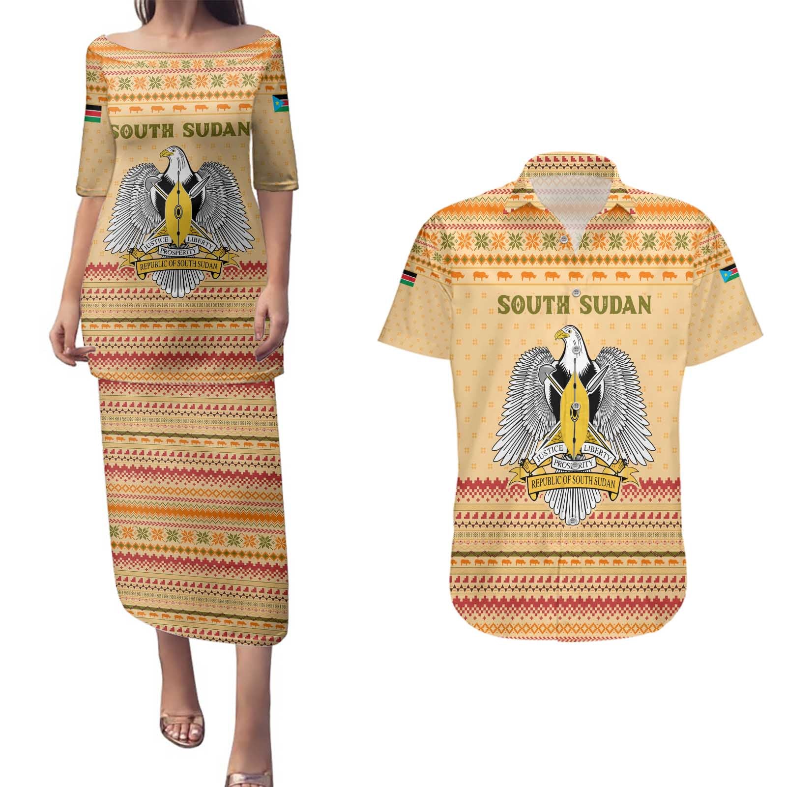 South Sudan Christmas Couples Matching Puletasi and Hawaiian Shirt with Beige Tribal Pattern, National Emblem, and Green Star Motif - Wonder Print Shop
