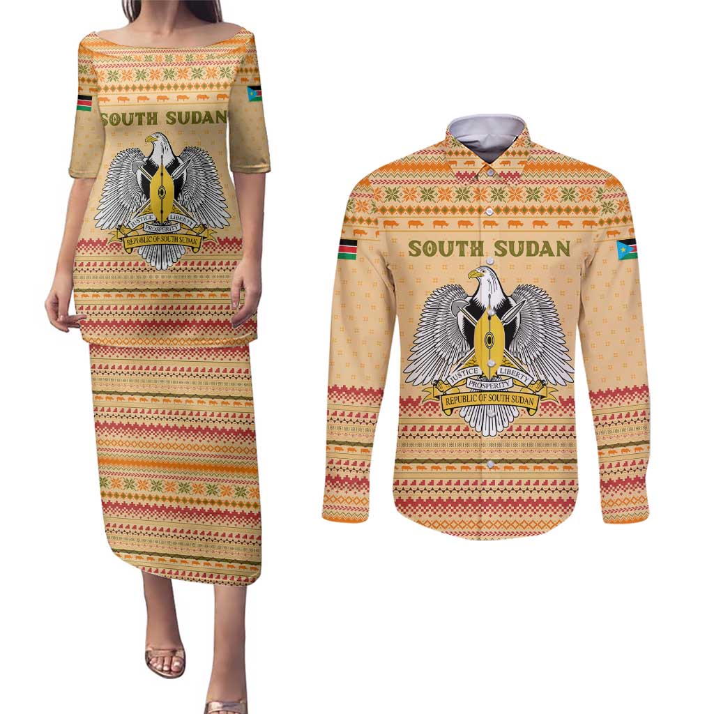 South Sudan Christmas Couples Matching Puletasi and Long Sleeve Button Shirt with Beige Tribal Pattern, National Emblem, and Green Star Motif - Wonder Print Shop