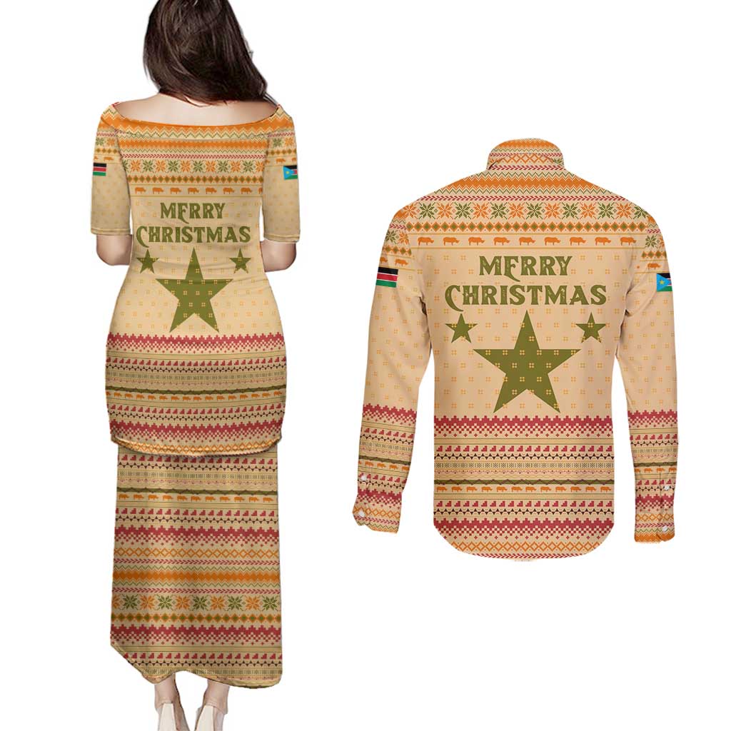 South Sudan Christmas Couples Matching Puletasi and Long Sleeve Button Shirt with Beige Tribal Pattern, National Emblem, and Green Star Motif - Wonder Print Shop