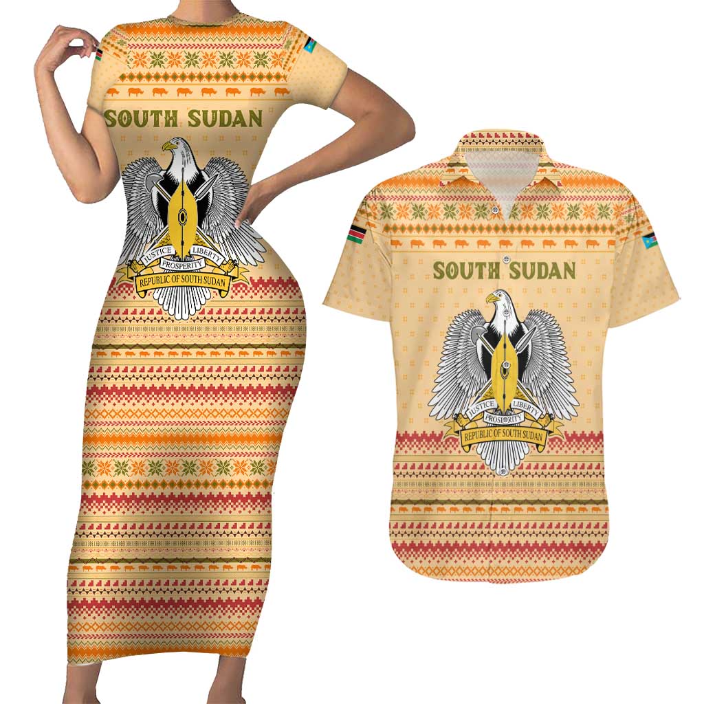 South Sudan Christmas Couples Matching Short Sleeve Bodycon Dress and Hawaiian Shirt with Beige Tribal Pattern, National Emblem, and Green Star Motif - Wonder Print Shop