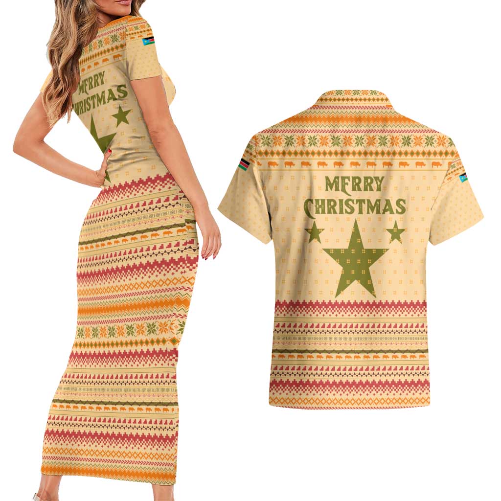 South Sudan Christmas Couples Matching Short Sleeve Bodycon Dress and Hawaiian Shirt with Beige Tribal Pattern, National Emblem, and Green Star Motif - Wonder Print Shop