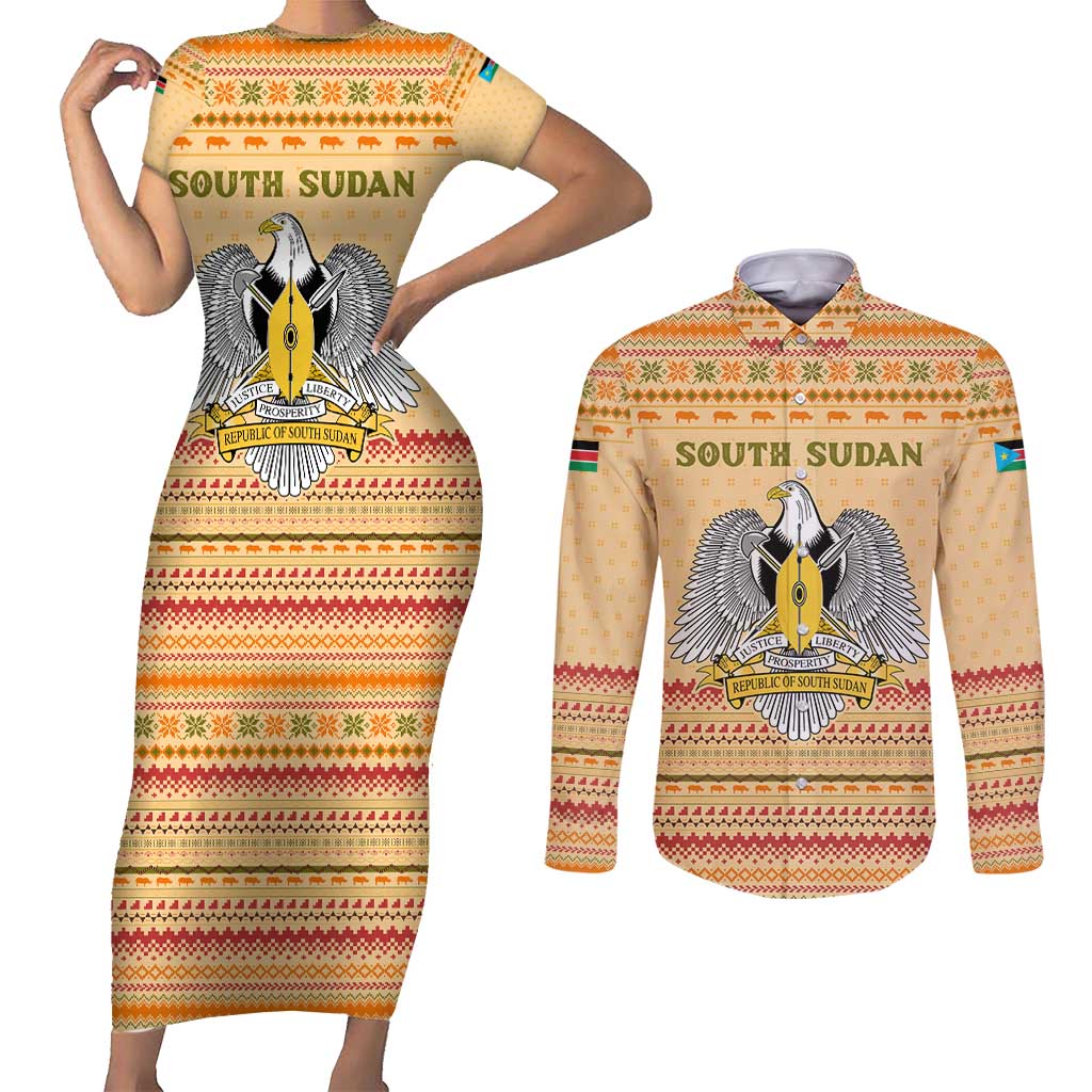 South Sudan Christmas Couples Matching Short Sleeve Bodycon Dress and Long Sleeve Button Shirt with Beige Tribal Pattern, National Emblem, and Green Star Motif - Wonder Print Shop