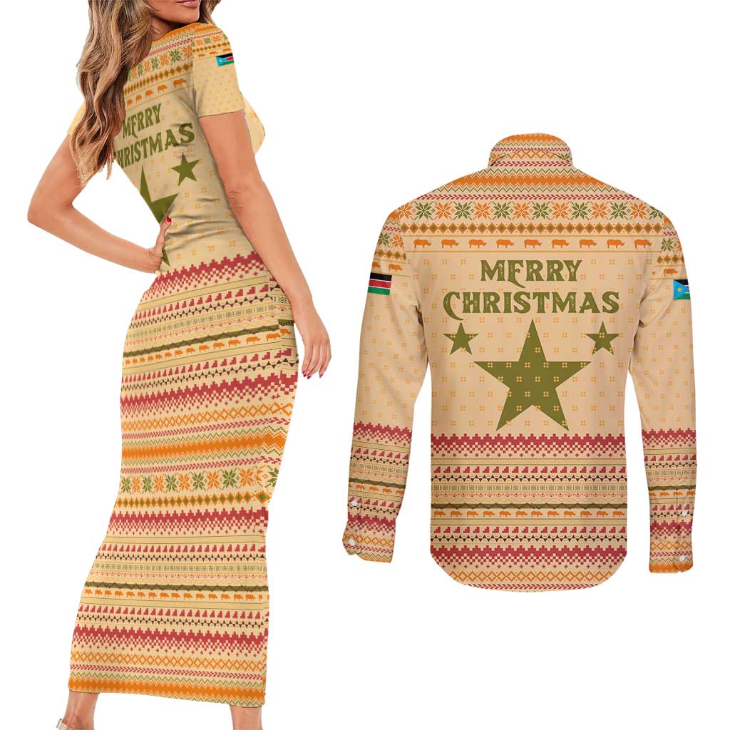South Sudan Christmas Couples Matching Short Sleeve Bodycon Dress and Long Sleeve Button Shirt with Beige Tribal Pattern, National Emblem, and Green Star Motif - Wonder Print Shop