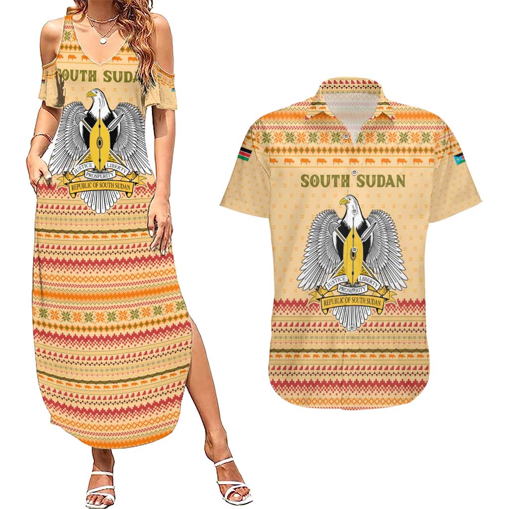 South Sudan Christmas Couples Matching Summer Maxi Dress and Hawaiian Shirt with Beige Tribal Pattern, National Emblem, and Green Star Motif - Wonder Print Shop
