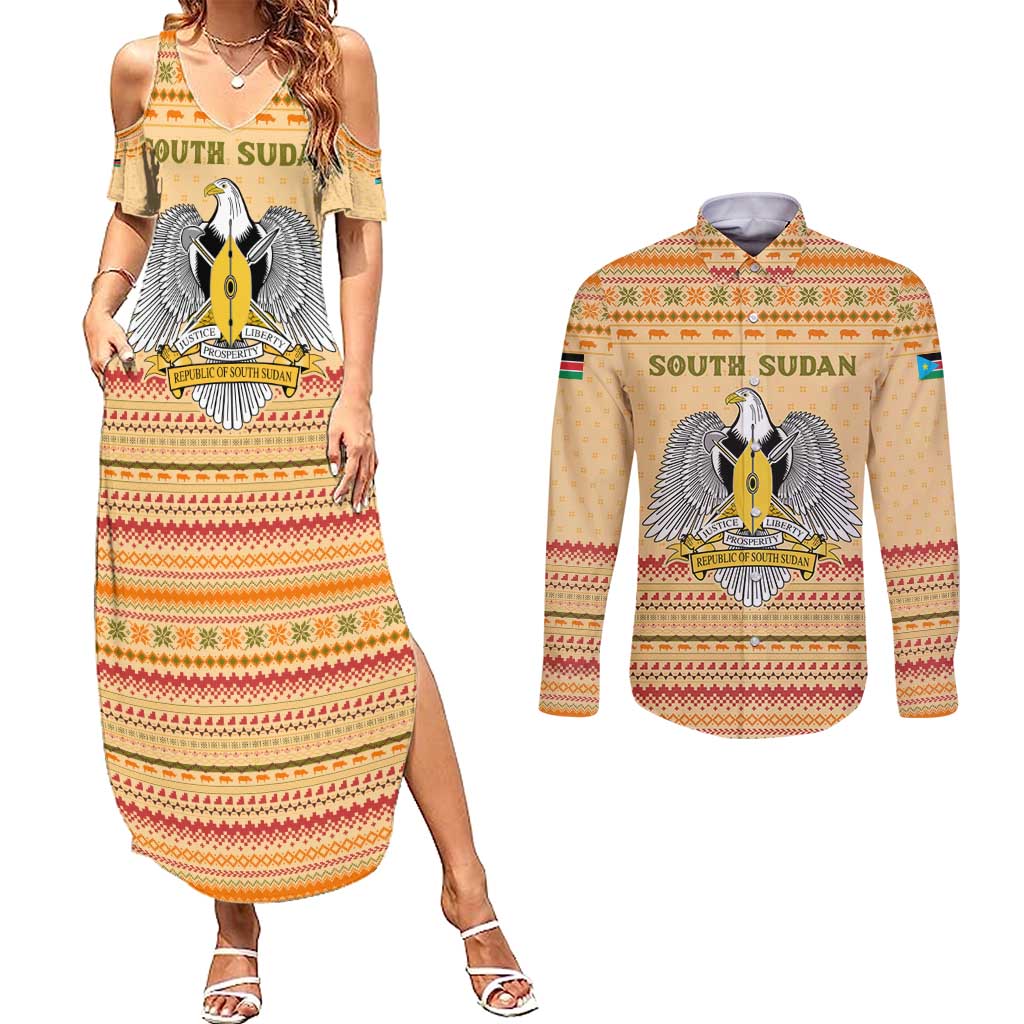South Sudan Christmas Couples Matching Summer Maxi Dress and Long Sleeve Button Shirt with Beige Tribal Pattern, National Emblem, and Green Star Motif - Wonder Print Shop