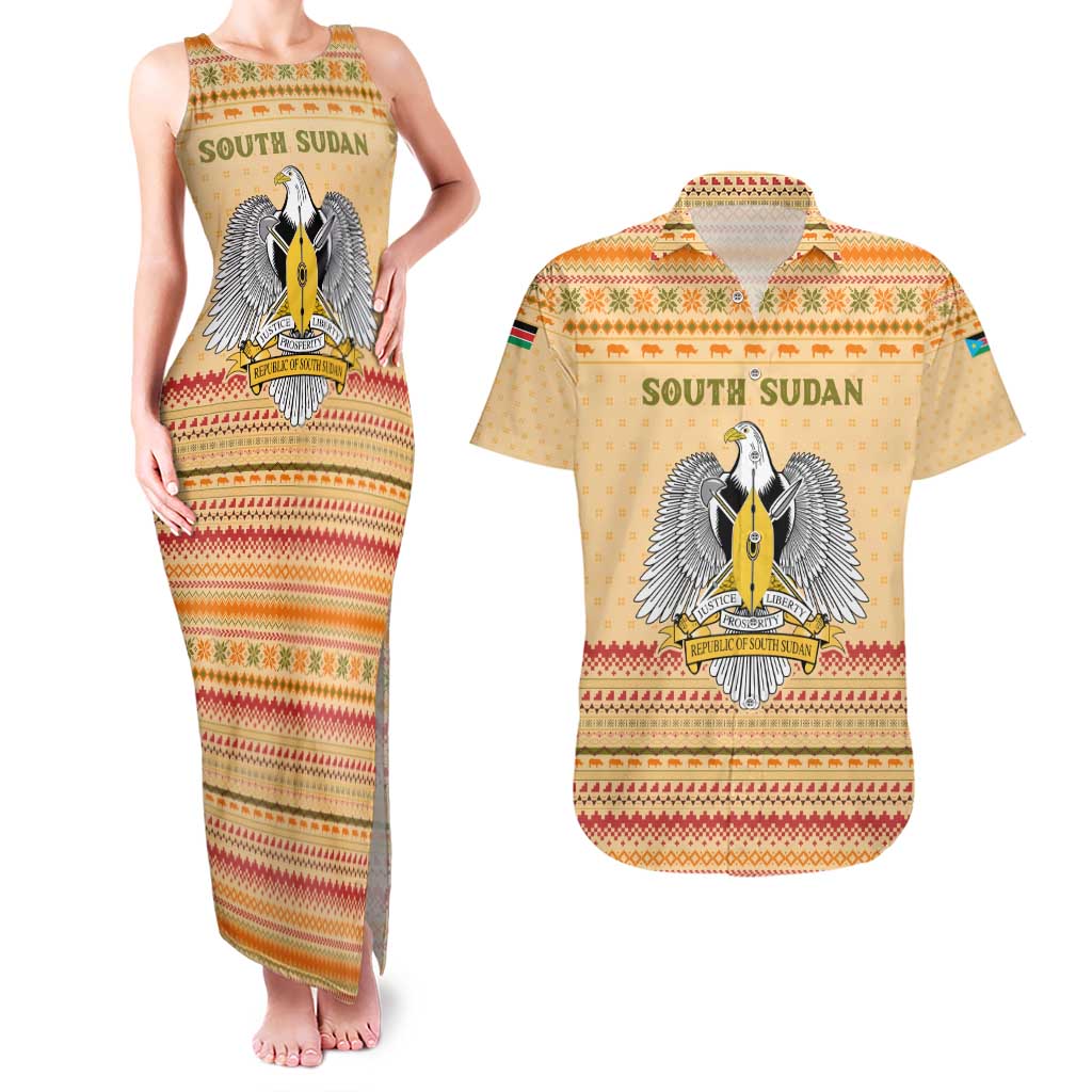 South Sudan Christmas Couples Matching Tank Maxi Dress and Hawaiian Shirt with Beige Tribal Pattern, National Emblem, and Green Star Motif - Wonder Print Shop