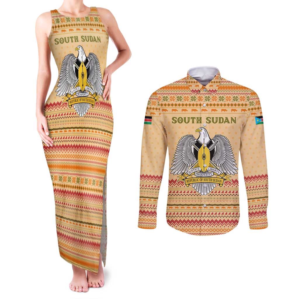 South Sudan Christmas Couples Matching Tank Maxi Dress and Long Sleeve Button Shirt with Beige Tribal Pattern, National Emblem, and Green Star Motif - Wonder Print Shop