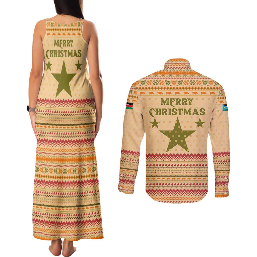 South Sudan Christmas Couples Matching Tank Maxi Dress and Long Sleeve Button Shirt with Beige Tribal Pattern, National Emblem, and Green Star Motif - Wonder Print Shop