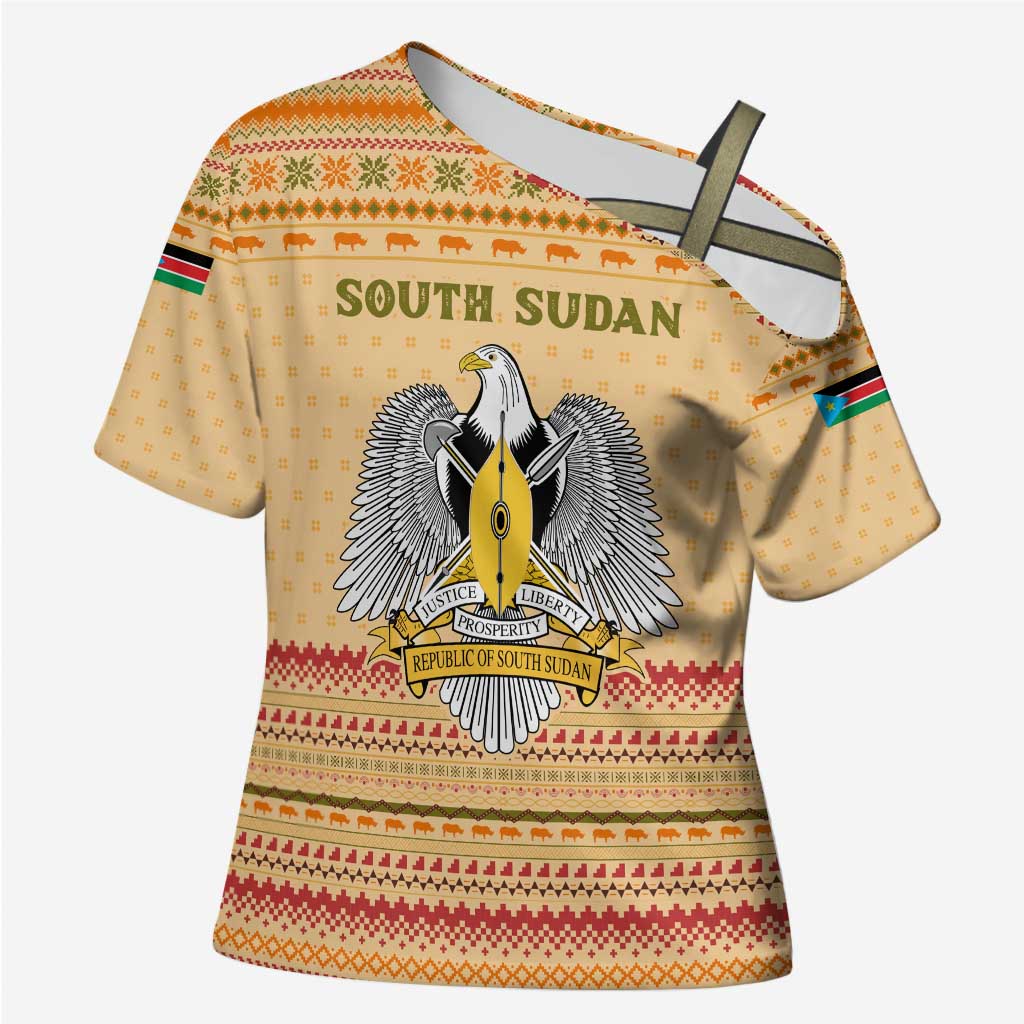 South Sudan Christmas Cross Shoulder Shirt with Beige Tribal Pattern, National Emblem, and Green Star Motif - Wonder Print Shop