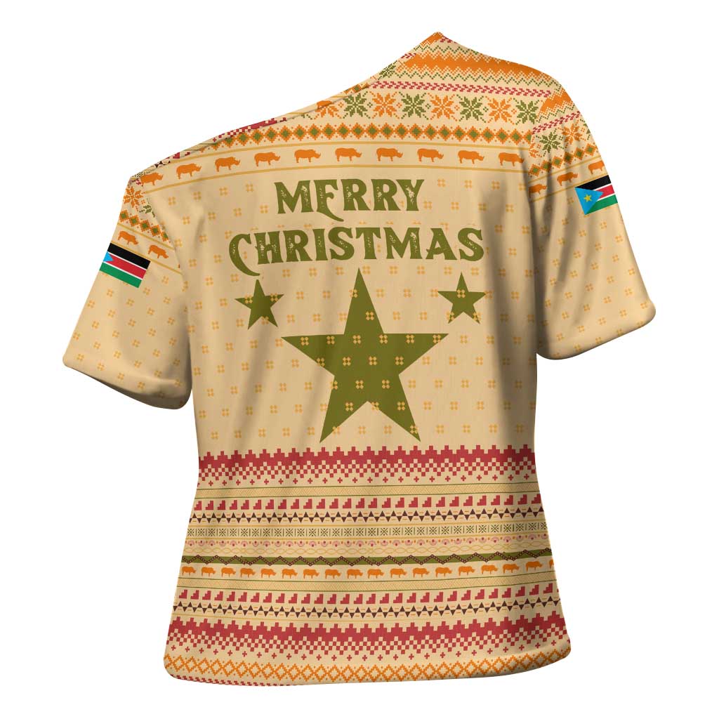 South Sudan Christmas Cross Shoulder Shirt with Beige Tribal Pattern, National Emblem, and Green Star Motif - Wonder Print Shop