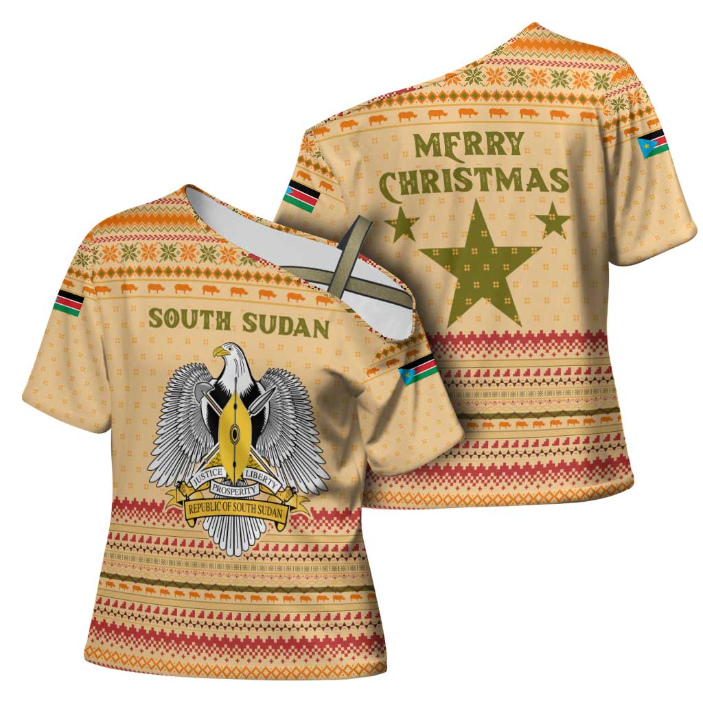 South Sudan Christmas Cross Shoulder Shirt with Beige Tribal Pattern, National Emblem, and Green Star Motif - Wonder Print Shop