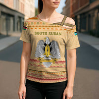 South Sudan Christmas Cross Shoulder Shirt with Beige Tribal Pattern, National Emblem, and Green Star Motif - Wonder Print Shop