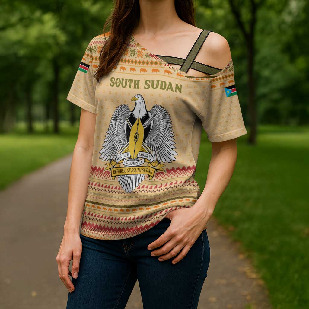 South Sudan Christmas Cross Shoulder Shirt with Beige Tribal Pattern, National Emblem, and Green Star Motif - Wonder Print Shop