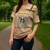 South Sudan Christmas Cross Shoulder Shirt with Beige Tribal Pattern, National Emblem, and Green Star Motif - Wonder Print Shop
