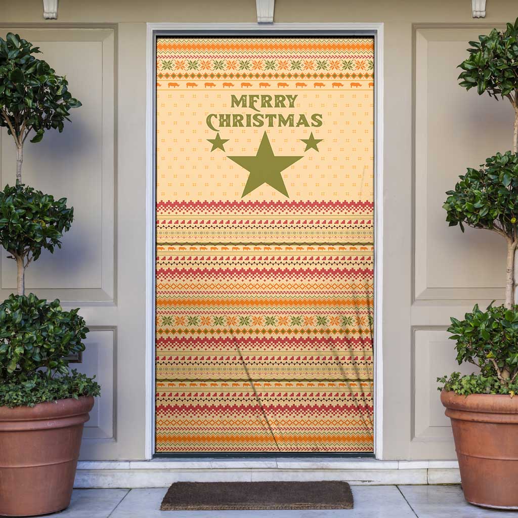 South Sudan Christmas Door Cover with Beige Tribal Pattern, National Emblem, and Green Star Motif - Wonder Print Shop