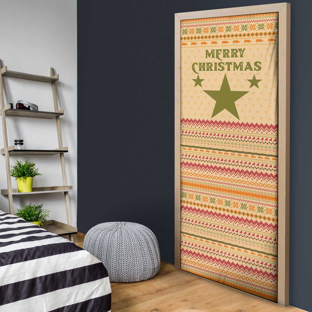South Sudan Christmas Door Cover with Beige Tribal Pattern, National Emblem, and Green Star Motif - Wonder Print Shop