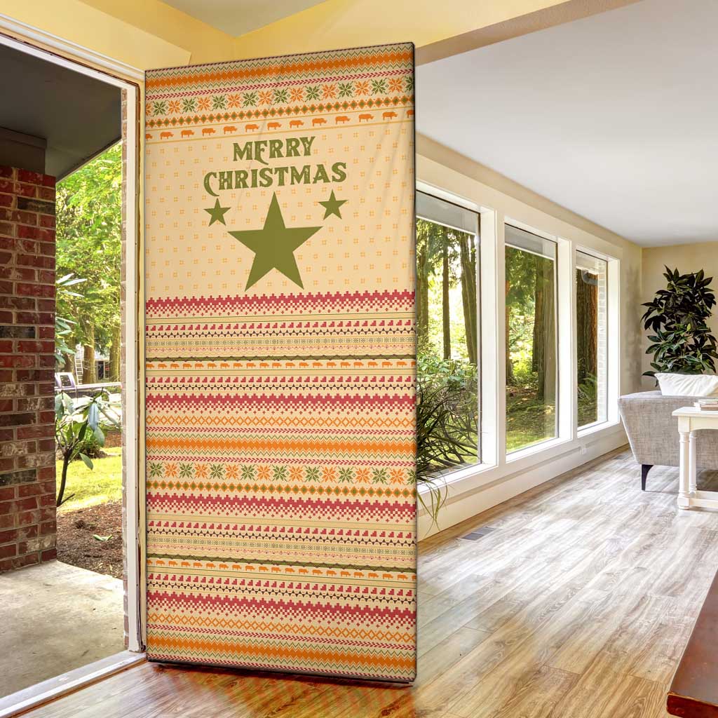 South Sudan Christmas Door Cover with Beige Tribal Pattern, National Emblem, and Green Star Motif - Wonder Print Shop