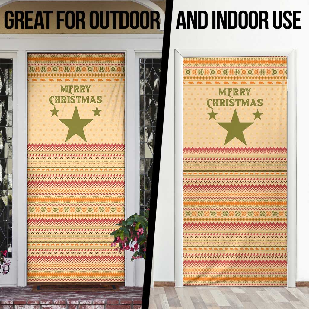 South Sudan Christmas Door Cover with Beige Tribal Pattern, National Emblem, and Green Star Motif - Wonder Print Shop
