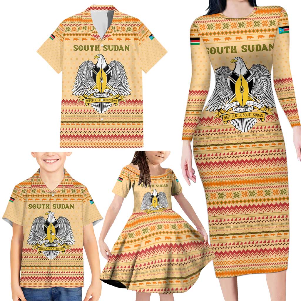 South Sudan Christmas Family Matching Long Sleeve Bodycon Dress and Hawaiian Shirt with Beige Tribal Pattern, National Emblem, and Green Star Motif - Wonder Print Shop