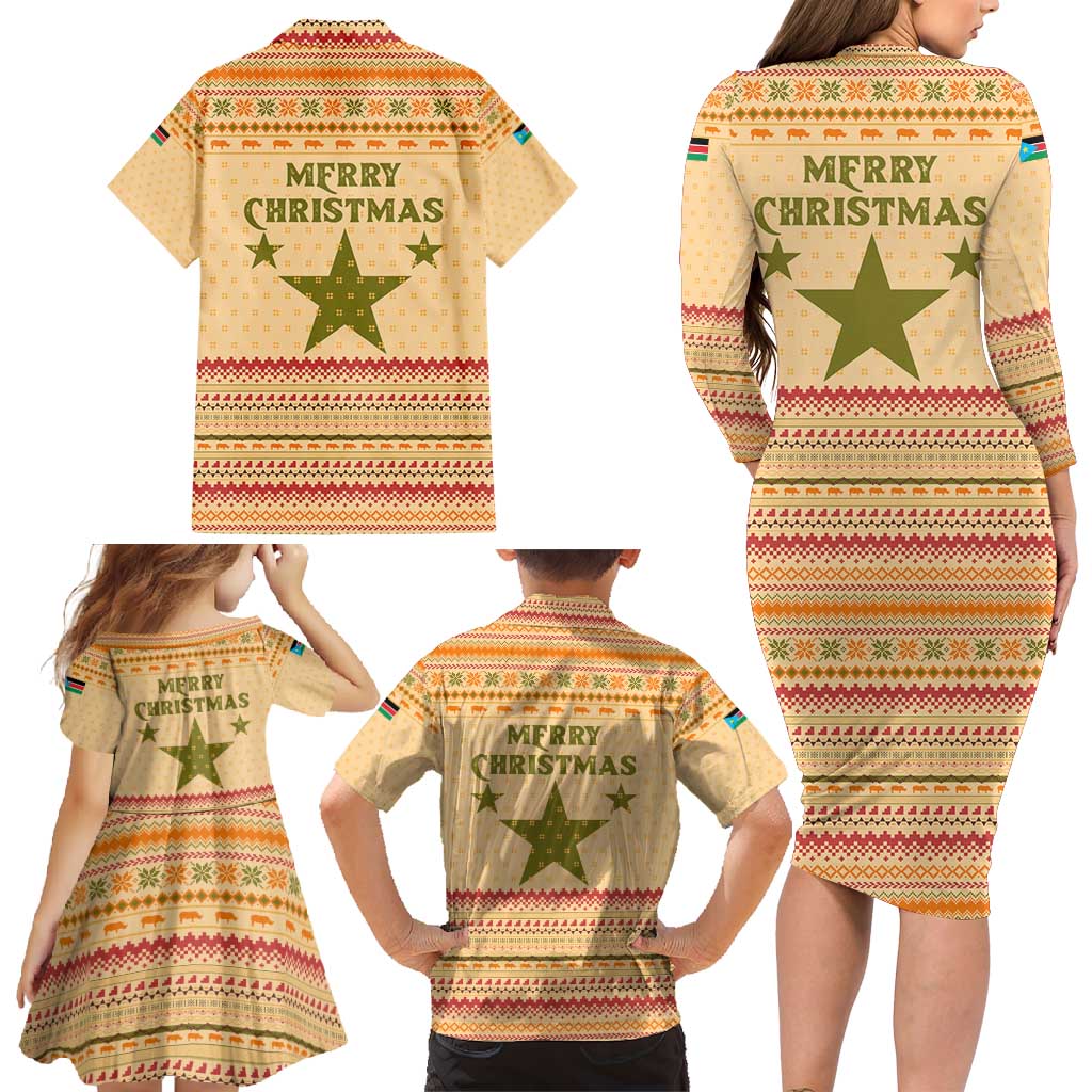 South Sudan Christmas Family Matching Long Sleeve Bodycon Dress and Hawaiian Shirt with Beige Tribal Pattern, National Emblem, and Green Star Motif - Wonder Print Shop