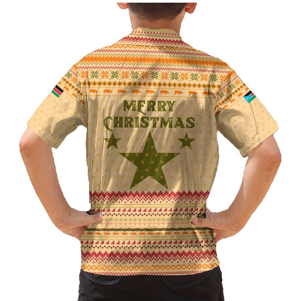 South Sudan Christmas Family Matching Mermaid Dress and Hawaiian Shirt with Beige Tribal Pattern, National Emblem, and Green Star Motif - Wonder Print Shop