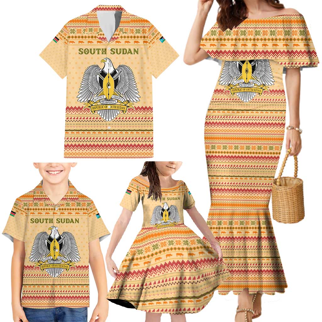 South Sudan Christmas Family Matching Mermaid Dress and Hawaiian Shirt with Beige Tribal Pattern, National Emblem, and Green Star Motif - Wonder Print Shop