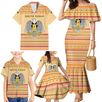 South Sudan Christmas Family Matching Mermaid Dress and Hawaiian Shirt with Beige Tribal Pattern, National Emblem, and Green Star Motif - Wonder Print Shop