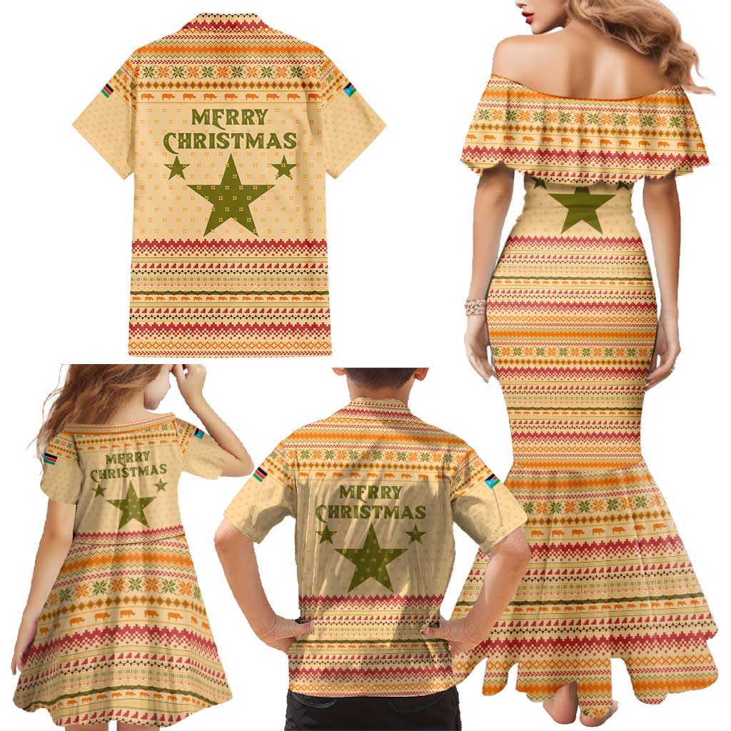 South Sudan Christmas Family Matching Mermaid Dress and Hawaiian Shirt with Beige Tribal Pattern, National Emblem, and Green Star Motif - Wonder Print Shop
