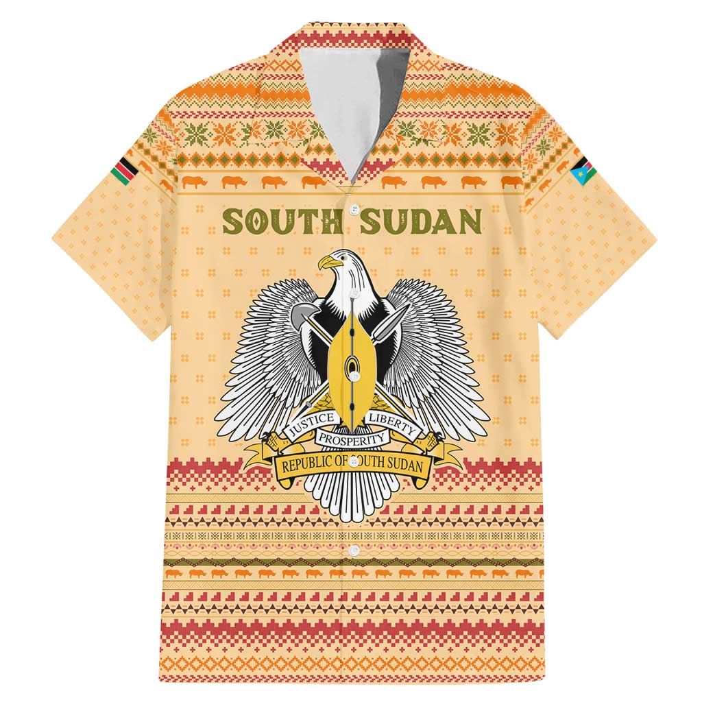 South Sudan Christmas Family Matching Mermaid Dress and Hawaiian Shirt with Beige Tribal Pattern, National Emblem, and Green Star Motif - Wonder Print Shop
