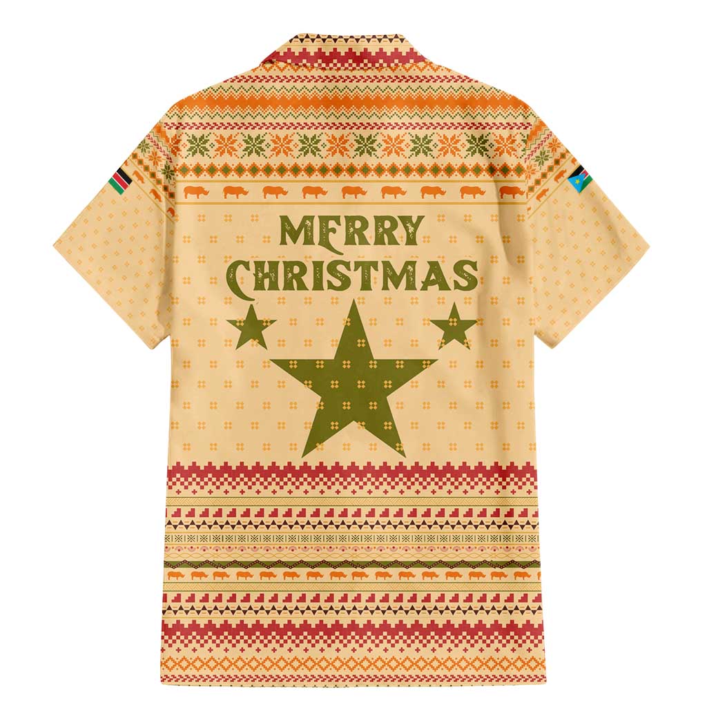 South Sudan Christmas Family Matching Mermaid Dress and Hawaiian Shirt with Beige Tribal Pattern, National Emblem, and Green Star Motif - Wonder Print Shop