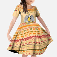 South Sudan Christmas Family Matching Off The Shoulder Long Sleeve Dress and Hawaiian Shirt with Beige Tribal Pattern, National Emblem, and Green Star Motif - Wonder Print Shop