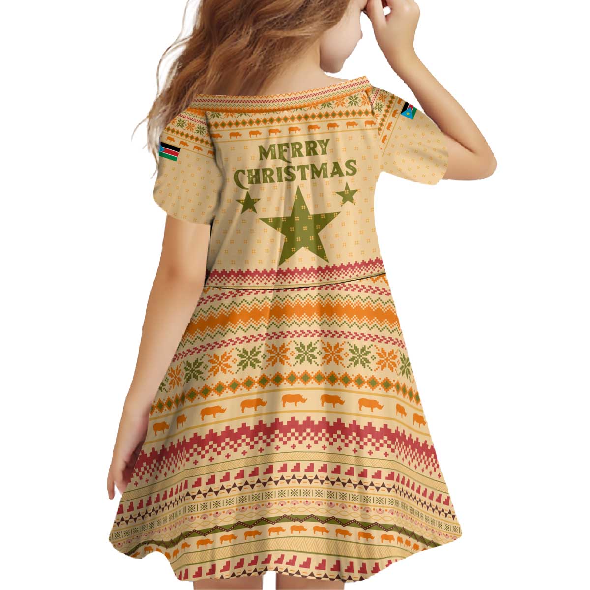 South Sudan Christmas Family Matching Off The Shoulder Long Sleeve Dress and Hawaiian Shirt with Beige Tribal Pattern, National Emblem, and Green Star Motif - Wonder Print Shop