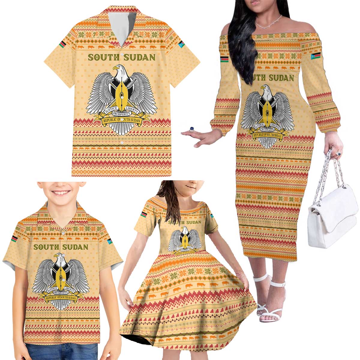 South Sudan Christmas Family Matching Off The Shoulder Long Sleeve Dress and Hawaiian Shirt with Beige Tribal Pattern, National Emblem, and Green Star Motif - Wonder Print Shop