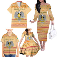 South Sudan Christmas Family Matching Off The Shoulder Long Sleeve Dress and Hawaiian Shirt with Beige Tribal Pattern, National Emblem, and Green Star Motif - Wonder Print Shop