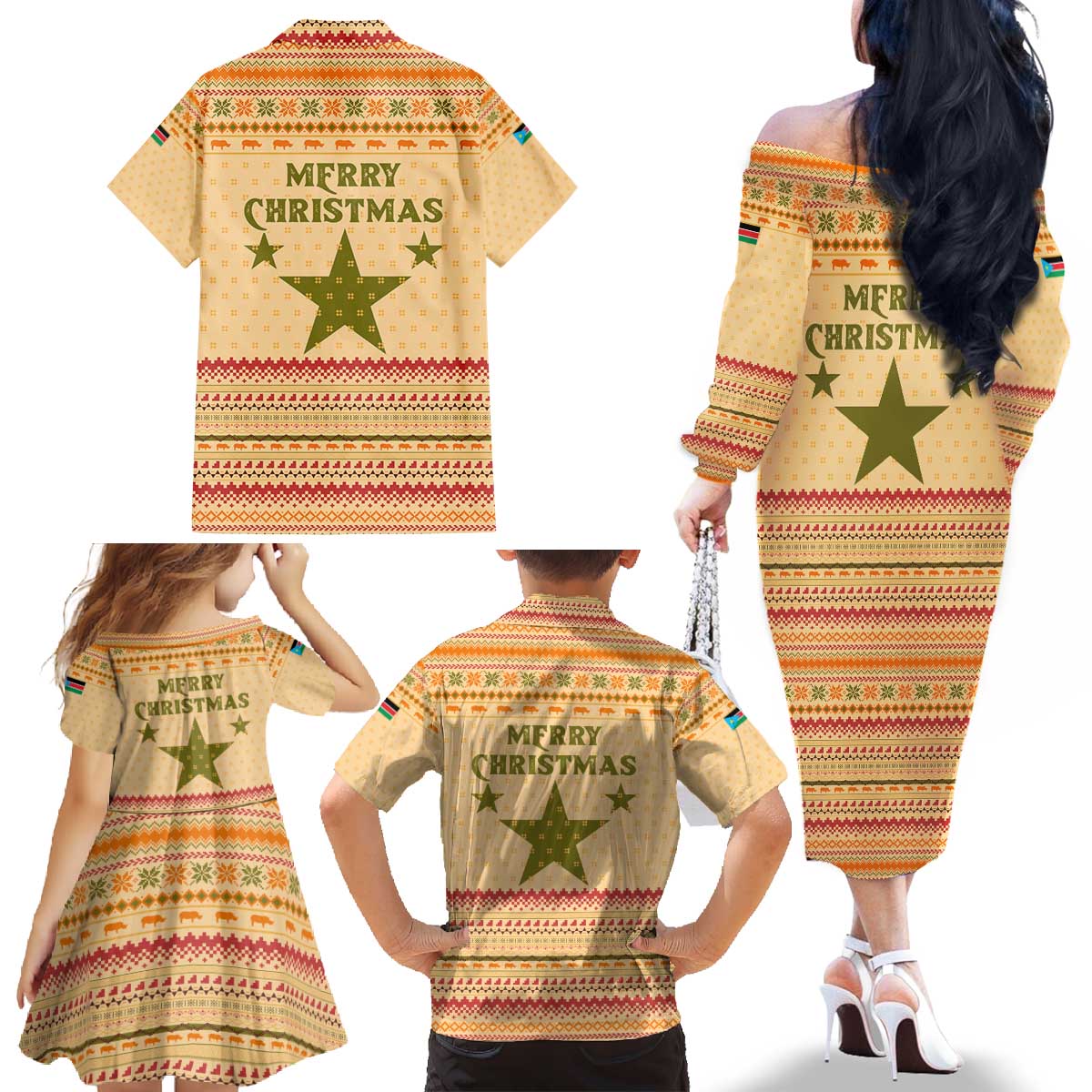 South Sudan Christmas Family Matching Off The Shoulder Long Sleeve Dress and Hawaiian Shirt with Beige Tribal Pattern, National Emblem, and Green Star Motif - Wonder Print Shop