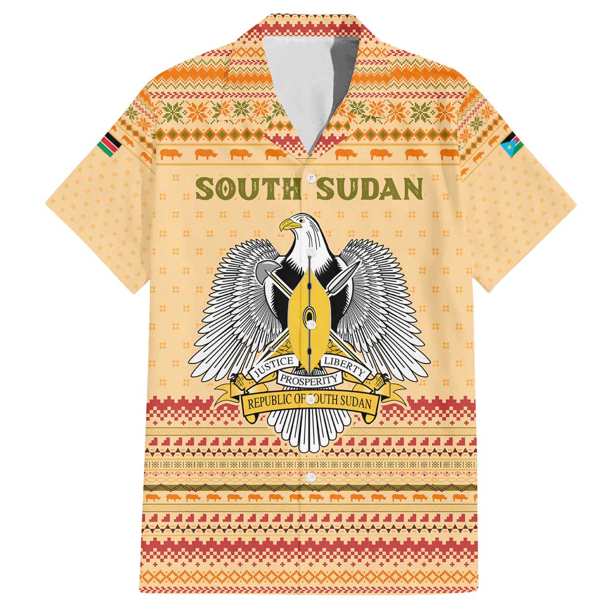 South Sudan Christmas Family Matching Off The Shoulder Long Sleeve Dress and Hawaiian Shirt with Beige Tribal Pattern, National Emblem, and Green Star Motif - Wonder Print Shop