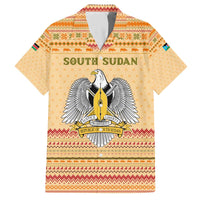 South Sudan Christmas Family Matching Off The Shoulder Long Sleeve Dress and Hawaiian Shirt with Beige Tribal Pattern, National Emblem, and Green Star Motif - Wonder Print Shop