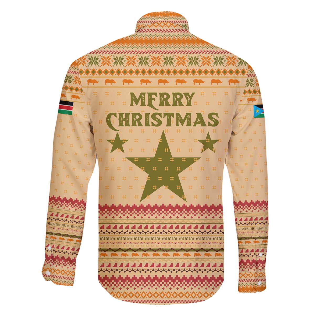 South Sudan Christmas Family Matching Off The Shoulder Long Sleeve Dress and Hawaiian Shirt with Beige Tribal Pattern, National Emblem, and Green Star Motif - Wonder Print Shop