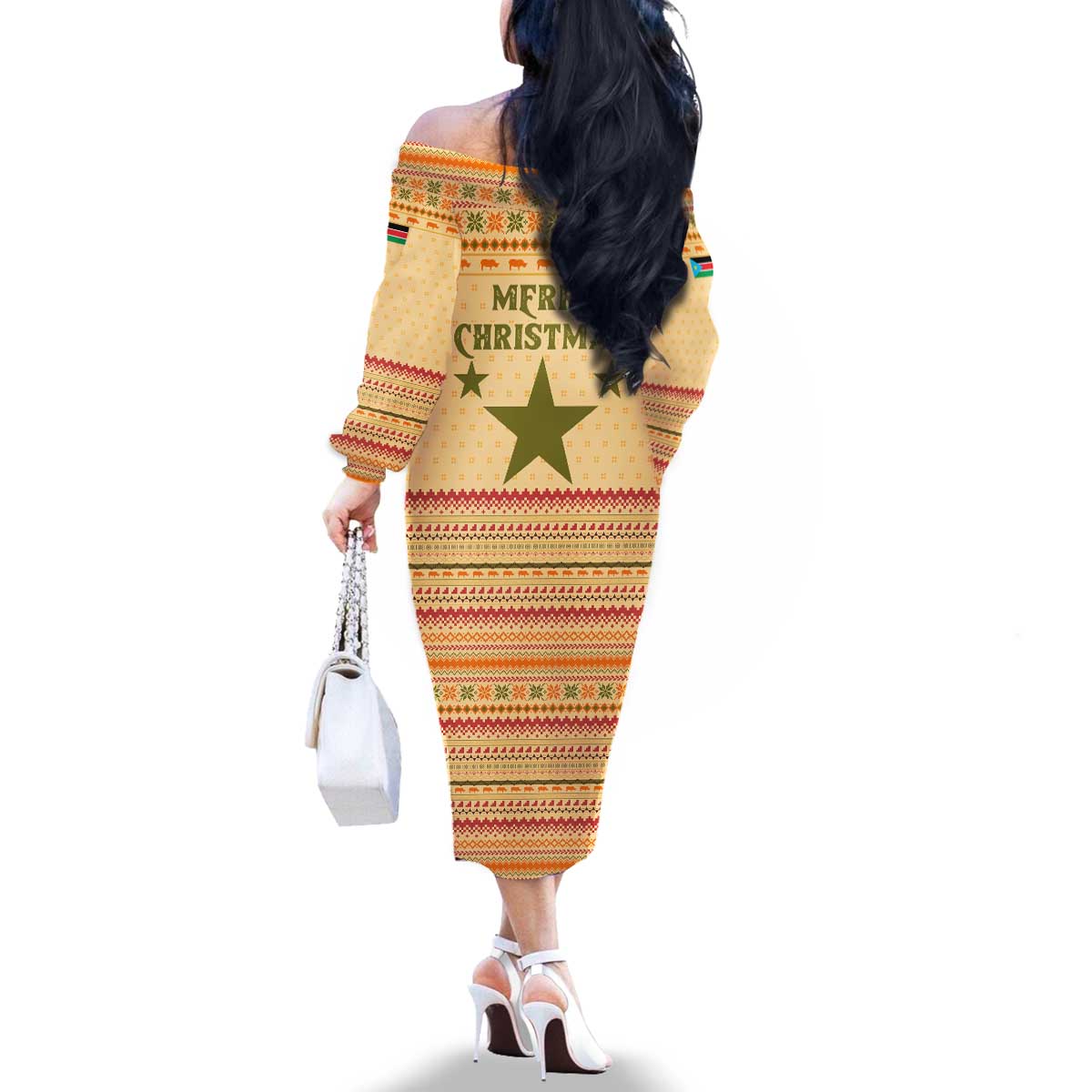 South Sudan Christmas Family Matching Off The Shoulder Long Sleeve Dress and Hawaiian Shirt with Beige Tribal Pattern, National Emblem, and Green Star Motif - Wonder Print Shop