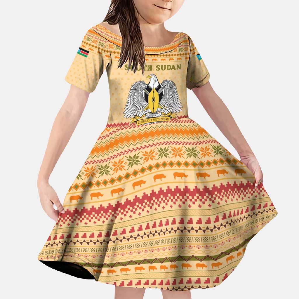 South Sudan Christmas Family Matching Off Shoulder Maxi Dress and Hawaiian Shirt with Beige Tribal Pattern, National Emblem, and Green Star Motif - Wonder Print Shop
