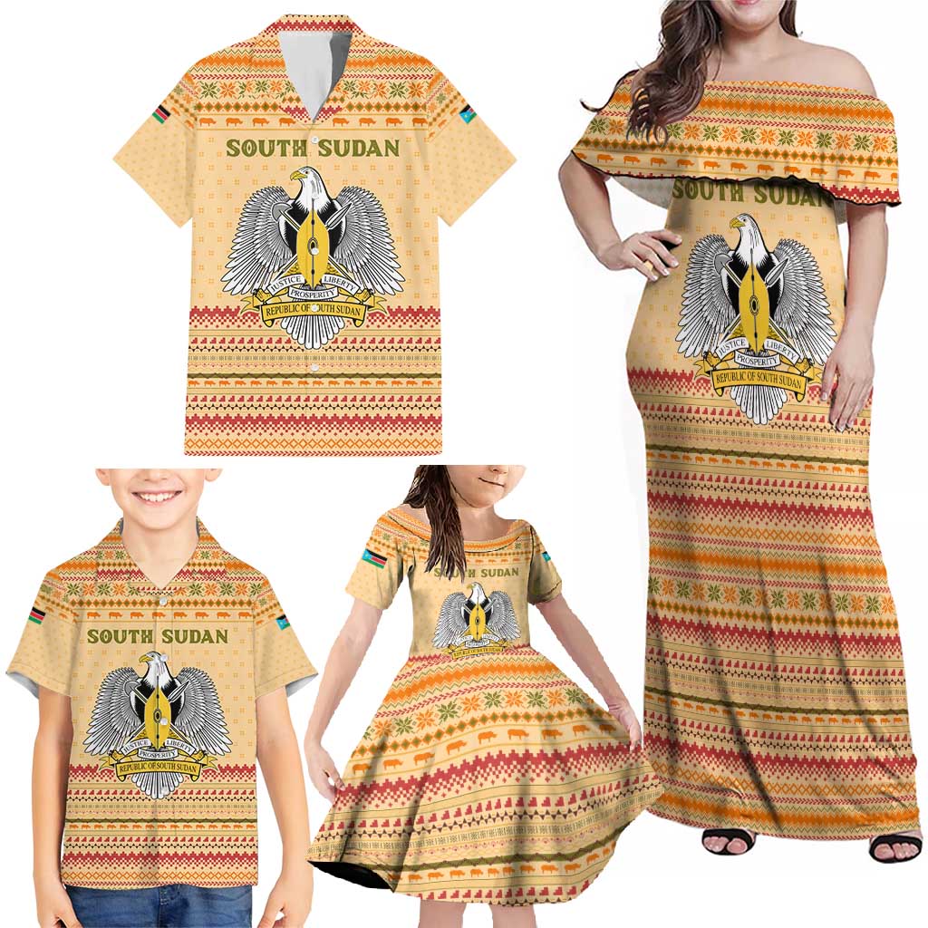 South Sudan Christmas Family Matching Off Shoulder Maxi Dress and Hawaiian Shirt with Beige Tribal Pattern, National Emblem, and Green Star Motif - Wonder Print Shop