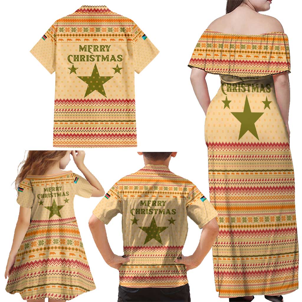 South Sudan Christmas Family Matching Off Shoulder Maxi Dress and Hawaiian Shirt with Beige Tribal Pattern, National Emblem, and Green Star Motif - Wonder Print Shop